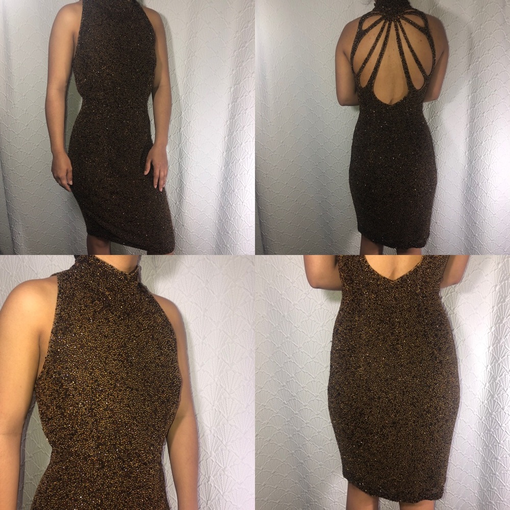 Tootsies bronze pure silk & beading open back mini